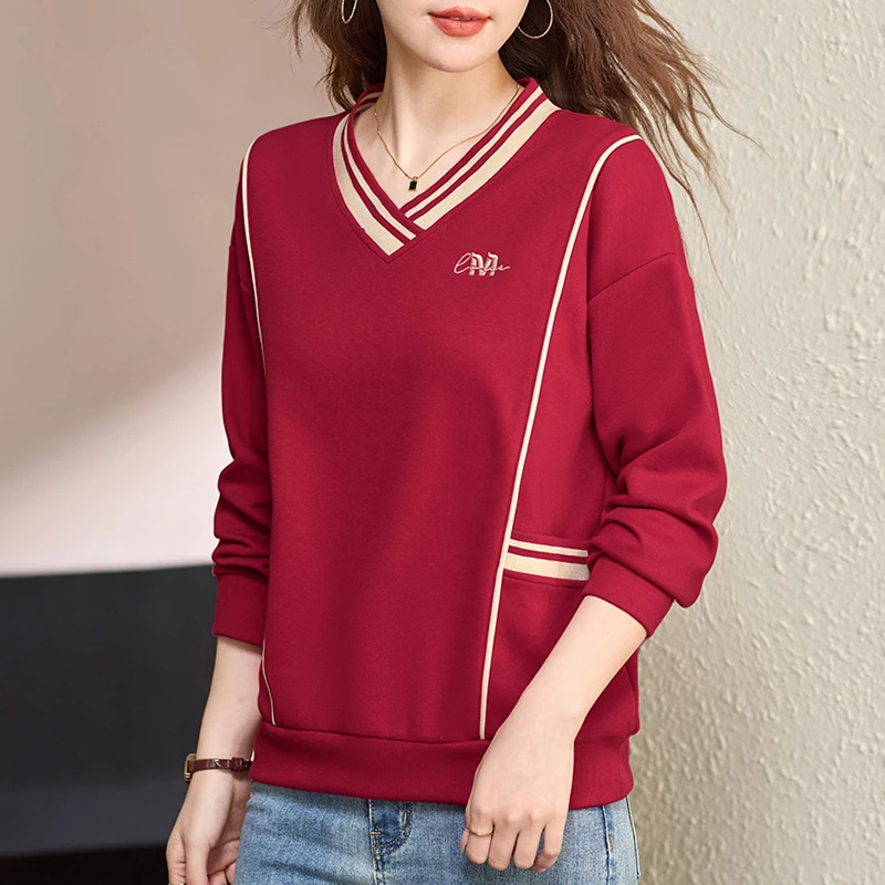 【撞色V领卫衣】春秋新款撞色V领卫衣时尚百搭显瘦女装长袖卫衣