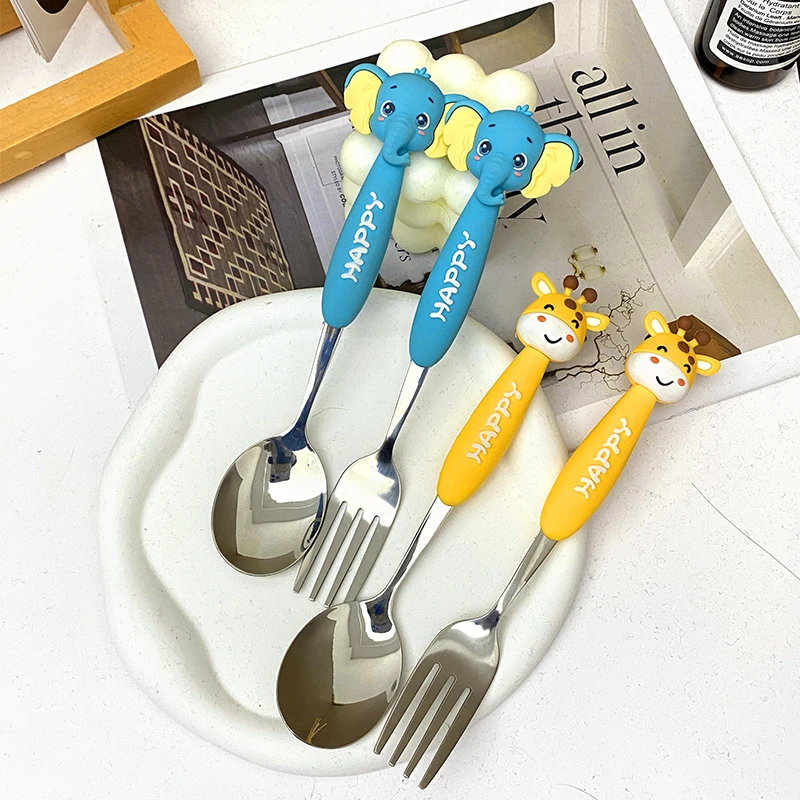 304不锈钢餐具宝宝喂饭勺卡通动物儿童叉子家用宝宝辅食吃饭圆勺