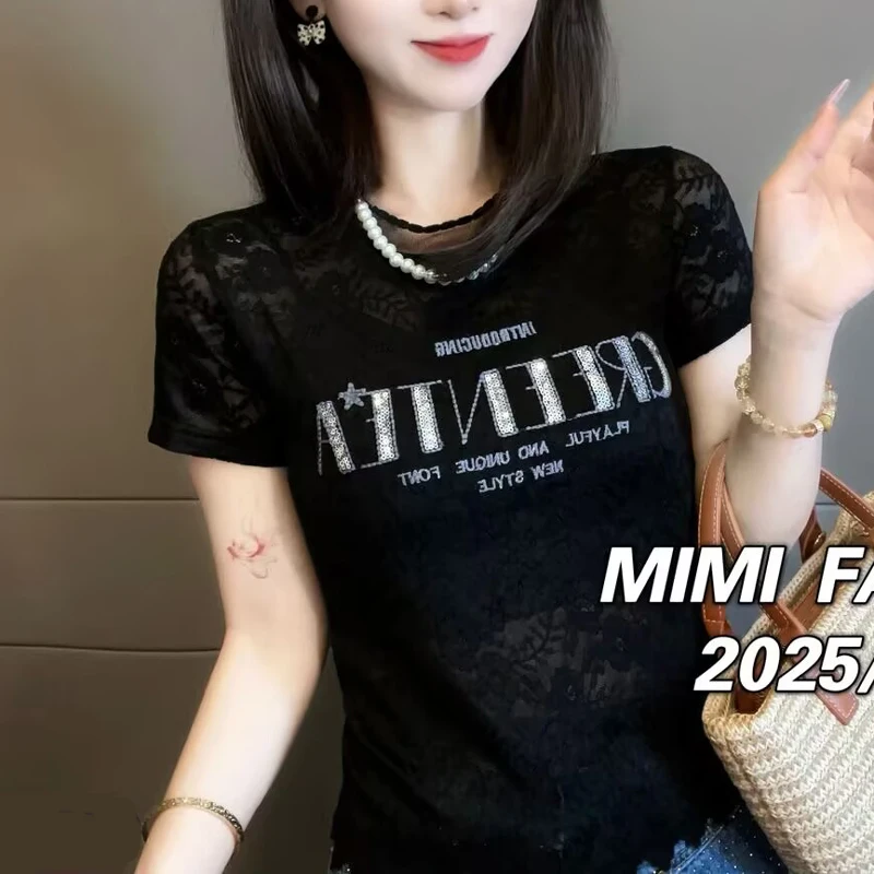 圆领短袖常规刺绣蕾丝亮片T恤气质印花洋气拼接宽松上衣女5013