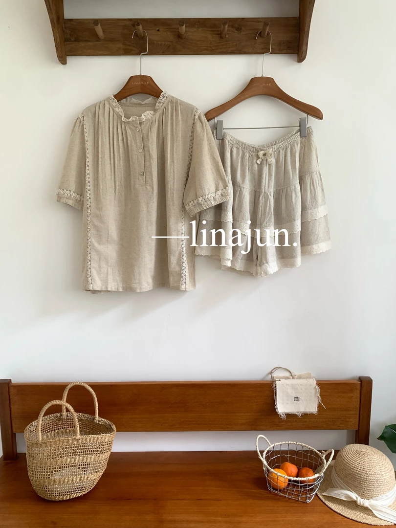 4.25秋棠款夏季新款森系蕾丝花边领宽松百搭棉麻衬衫上衣花边短裤