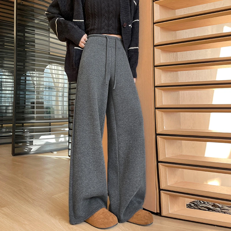 灰色高腰显瘦休闲运动阔腿裤子女2025新款宽松秋冬拖地糯米直筒裤