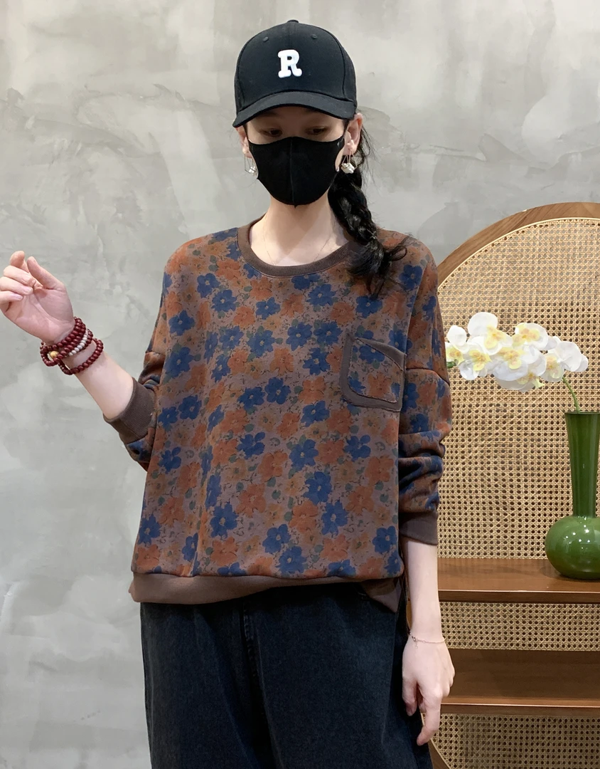 印花长袖常规款宽松时尚潮流T恤圆领通勤常规碎花休闲百搭