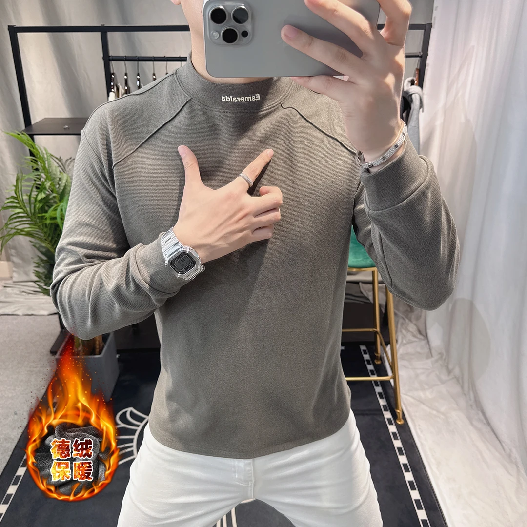 欧洲站高端德绒半高领长袖t恤男秋冬保暖打底衫潮牌上衣拼接时尚