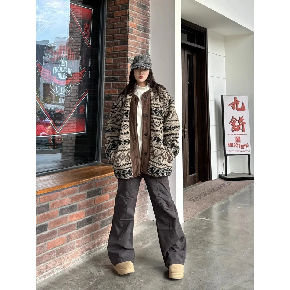 正确版 2025冬美式复古拼接腰果花羊羔毛棉衣加厚棉服外套女