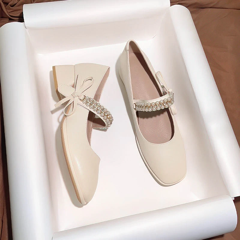 玛丽珍鞋女2025新款蝴蝶结珍珠一字带低跟软皮软底仙女鞋温柔单鞋