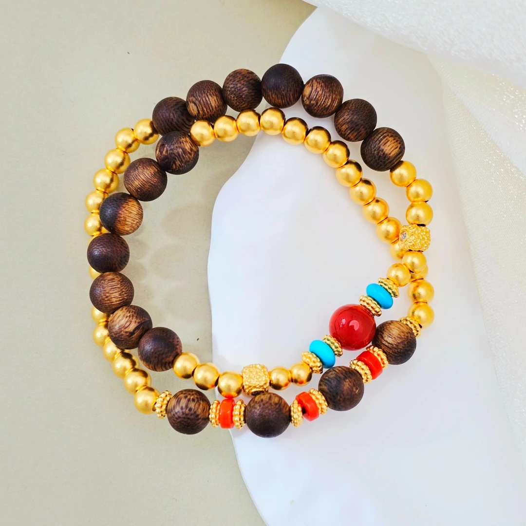 足金黄金999古法檀木手串男女款新中式双圈叠戴念珠转运礼物