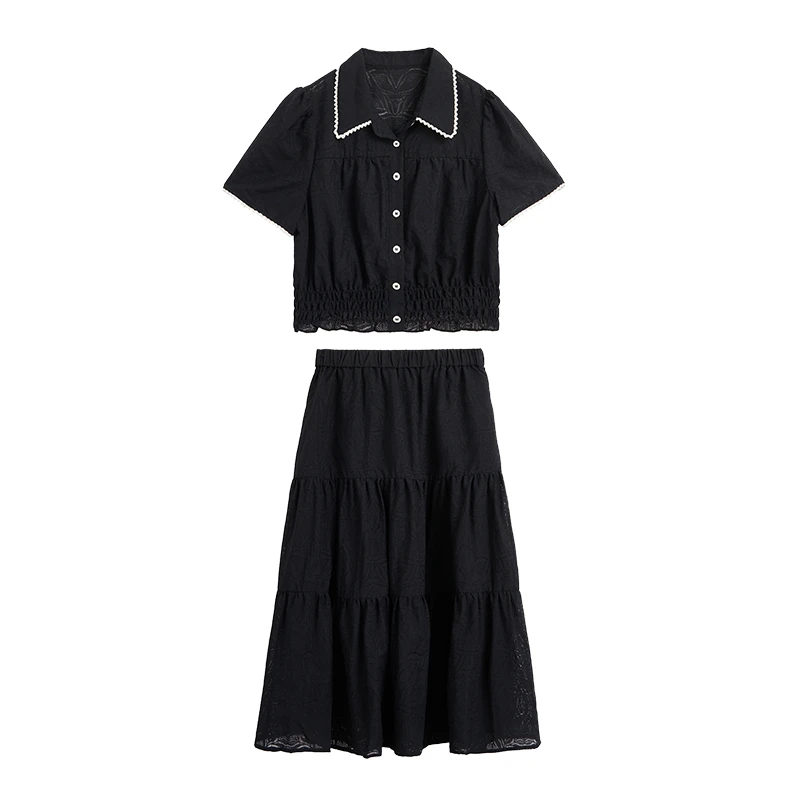 紫涵套装2025夏季新款简约翻领短款小衫中长裙两件套Z4Z04BH519