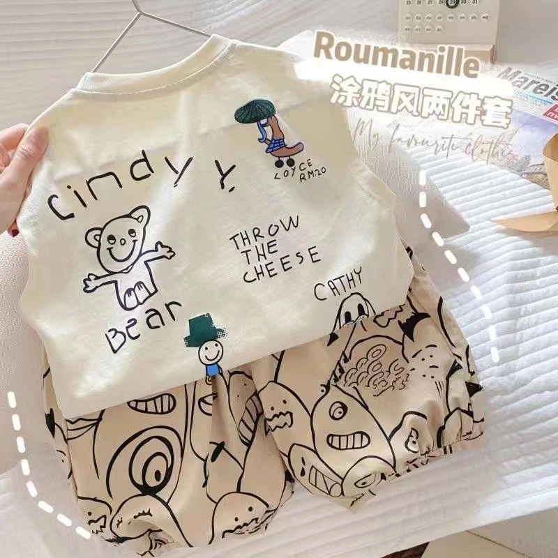 儿童新款2024夏季韩版涂鸦裤子背心套装男女宝宝洋气休闲两件套