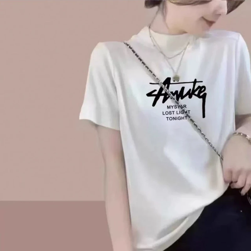 2025年欧货新款纯棉修身半高领正肩短袖t恤女时尚百搭上衣打底衫