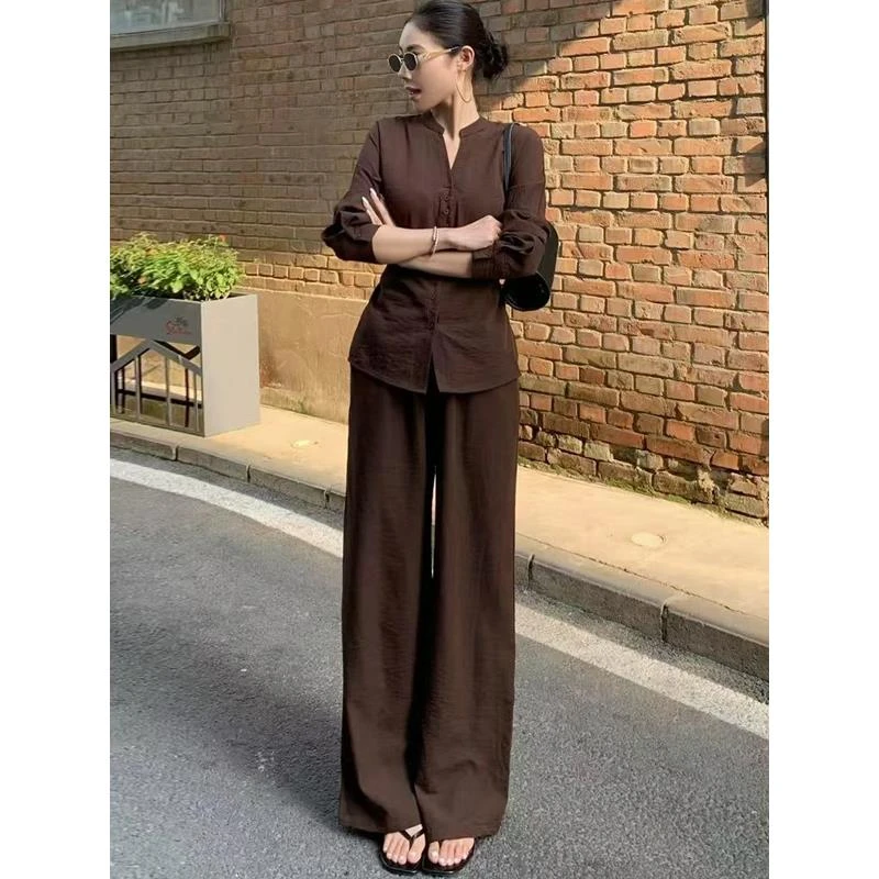 休闲运动套装女春秋新款时尚洋气高级感长袖衬衫阔腿裤两件套女装