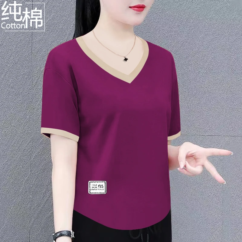 纯棉时尚大码V领短袖T恤女夏季新款宽松显瘦洋气减龄休闲百搭上衣