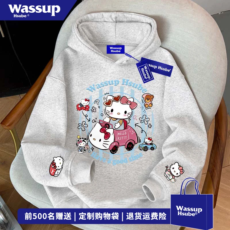 WASSUP HSUBE潮牌卡通凯蒂猫印花连帽卫衣男女秋冬百搭无口袋上衣