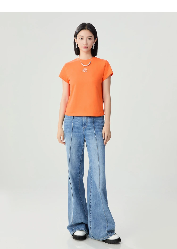 女装2025夏新款修身百搭纯棉玫瑰茶花短袖T恤1300996