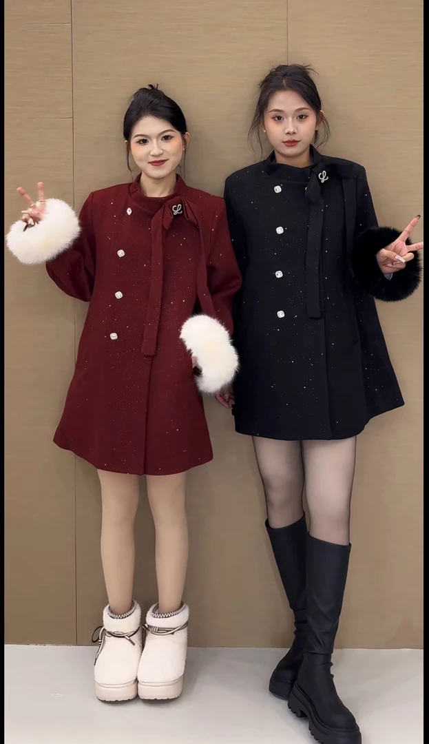 袖口毛毛可以拆卸蝴蝶结毛呢细闪夹棉大衣138一