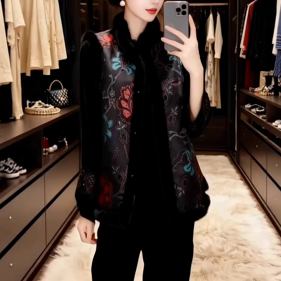 秋冬新款高端新中式国风印花复古加绒气质洋气优雅开衫马甲外套女