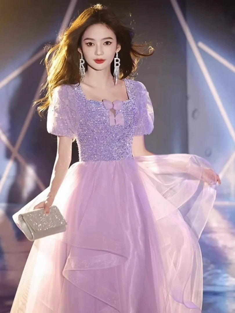 直播链接断码特价紫色晚礼服仙女气质声乐艺考主持钢琴演出主持服