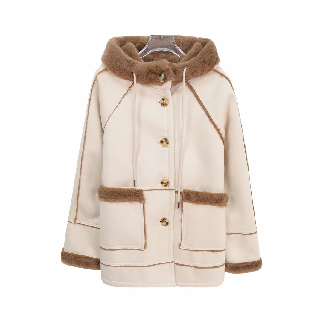 连帽毛毛加厚美拉德拼接气质撞色外套X27910