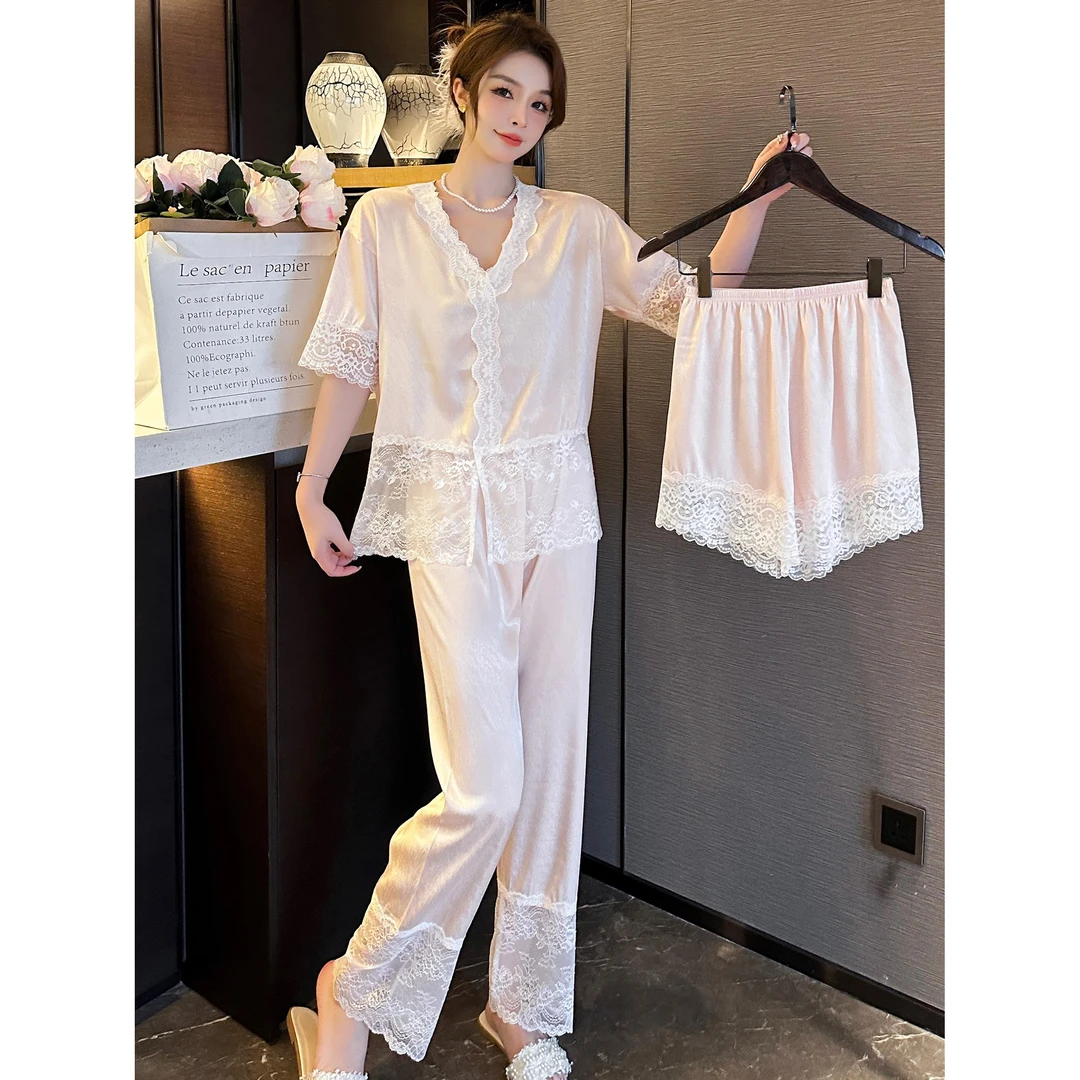 三件套睡衣女冰丝夏天新款性感蕾丝短裤短袖奢华冰雪丝家居服套装