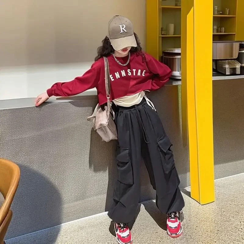 春装女童爵士街舞工装裤套装春秋大童女孩打底潮酷字母卫衣三件套