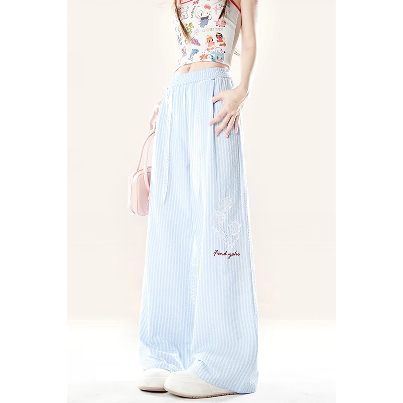 蓝色条纹阔腿裤女2025夏季新款慵懒玫瑰刺绣直筒休闲长裤子