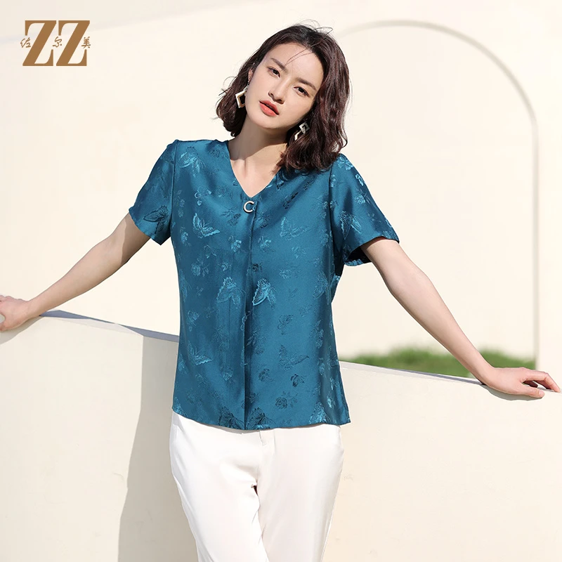 桑蚕丝花萝提花缎衬衫时尚气质百搭夏季小衫衬衣上衣女休闲