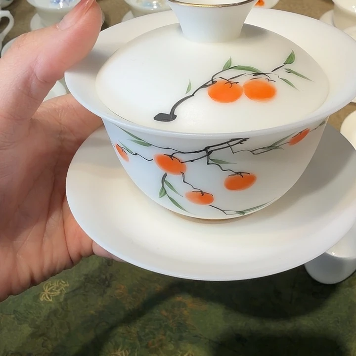 素烧冰种薄胎手绘三才盖碗柿柿如意