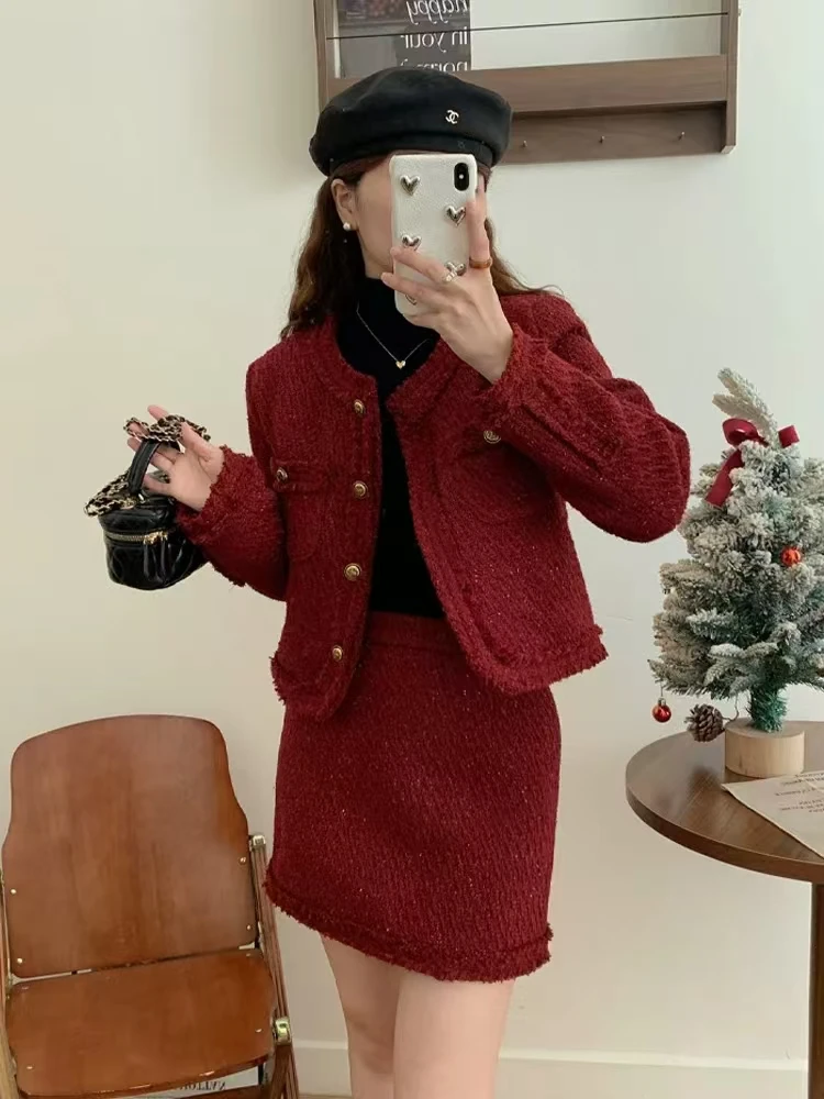 复古港风法式小香风轻奢时尚套装开衫粗花呢洋气加厚短外套