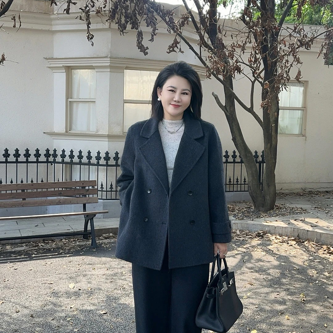 微胖女装【海派旅行家】绵羊毛双排扣大衣秋冬新款外套25003