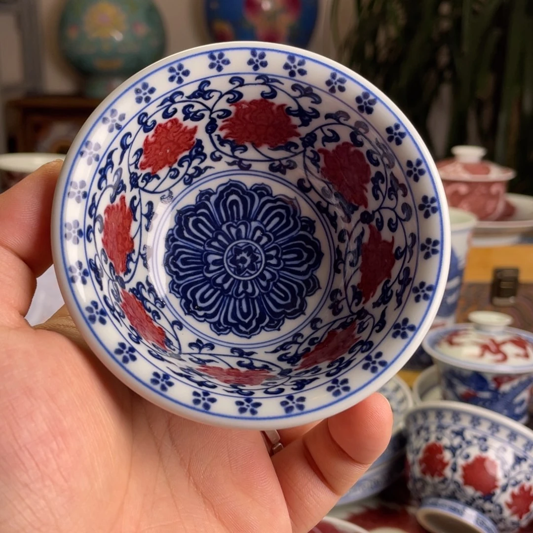 釉里红永乐缠枝莲压手杯满工