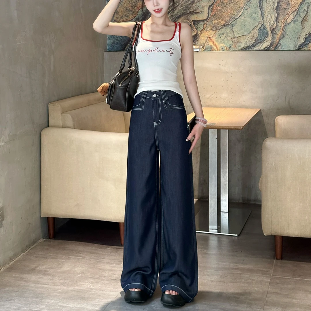 丹宁蓝莱赛尔天丝阔腿牛仔裤女2025薄款高腰显瘦宽松冰丝直筒裤子