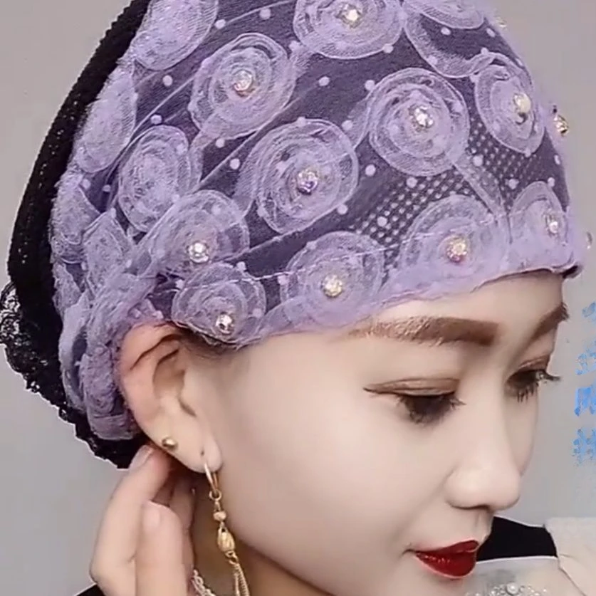 【优选】新款富贵简约时尚玫瑰花型后花包头帽遮白发回民帽子女蕾丝