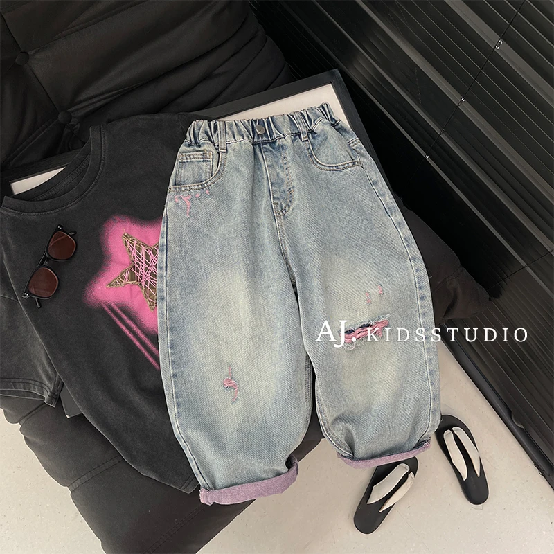 春装儿童潮流破洞百搭水洗牛仔个性软牛仔裤子HAM4085-CCCC