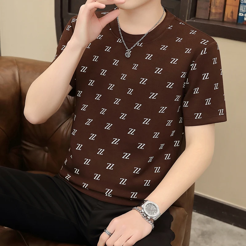 2025夏季新款短袖T恤男休闲百搭圆领压花半袖t恤衫潮牌上衣男装6