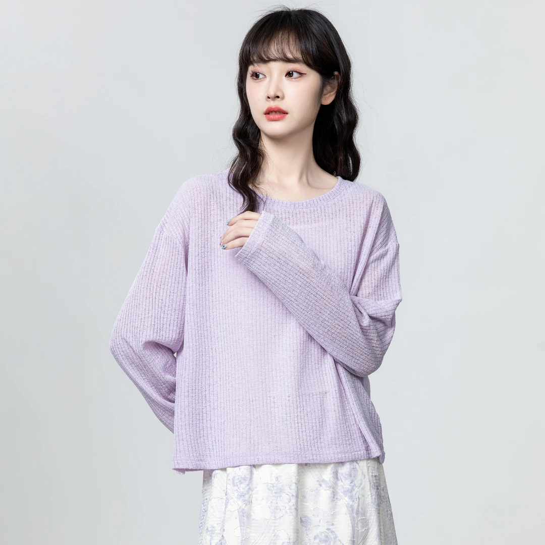 紫色镂空长袖T恤女2025春夏新款慵懒风宽松单穿百搭体恤圆领上衣