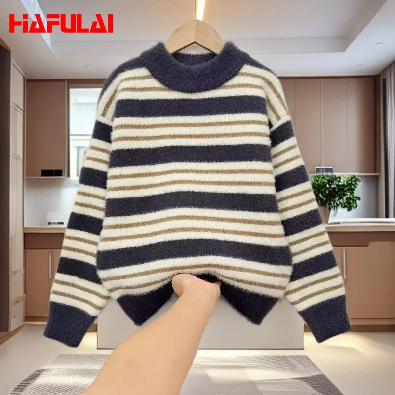 HAFULAI/哈芙莱水貂绒2025秋冬中大童圆领格子长袖毛衣针织衫宽松