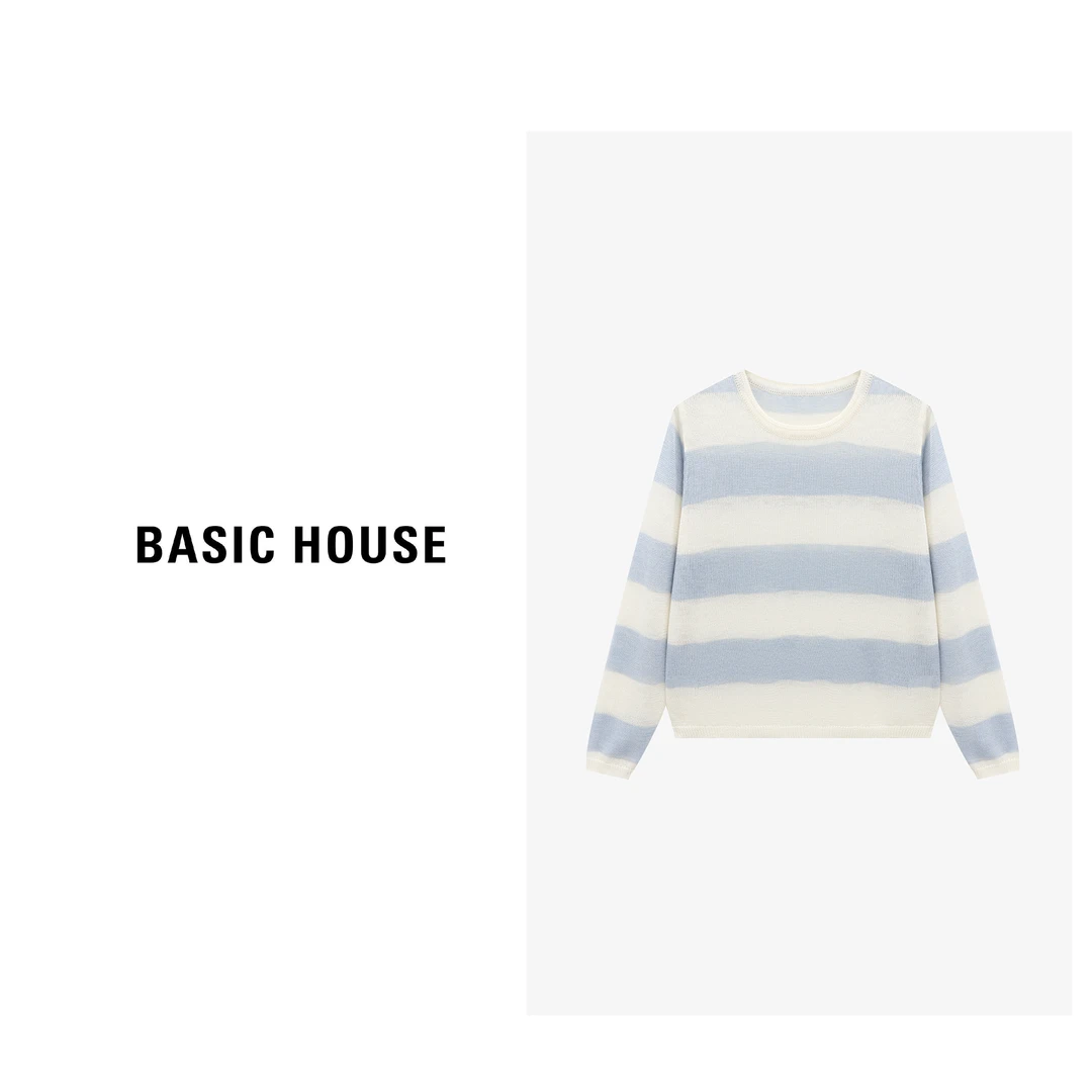 Basic House/百家好时尚条纹宽松夏季透气百搭针织衫-B0625B51792