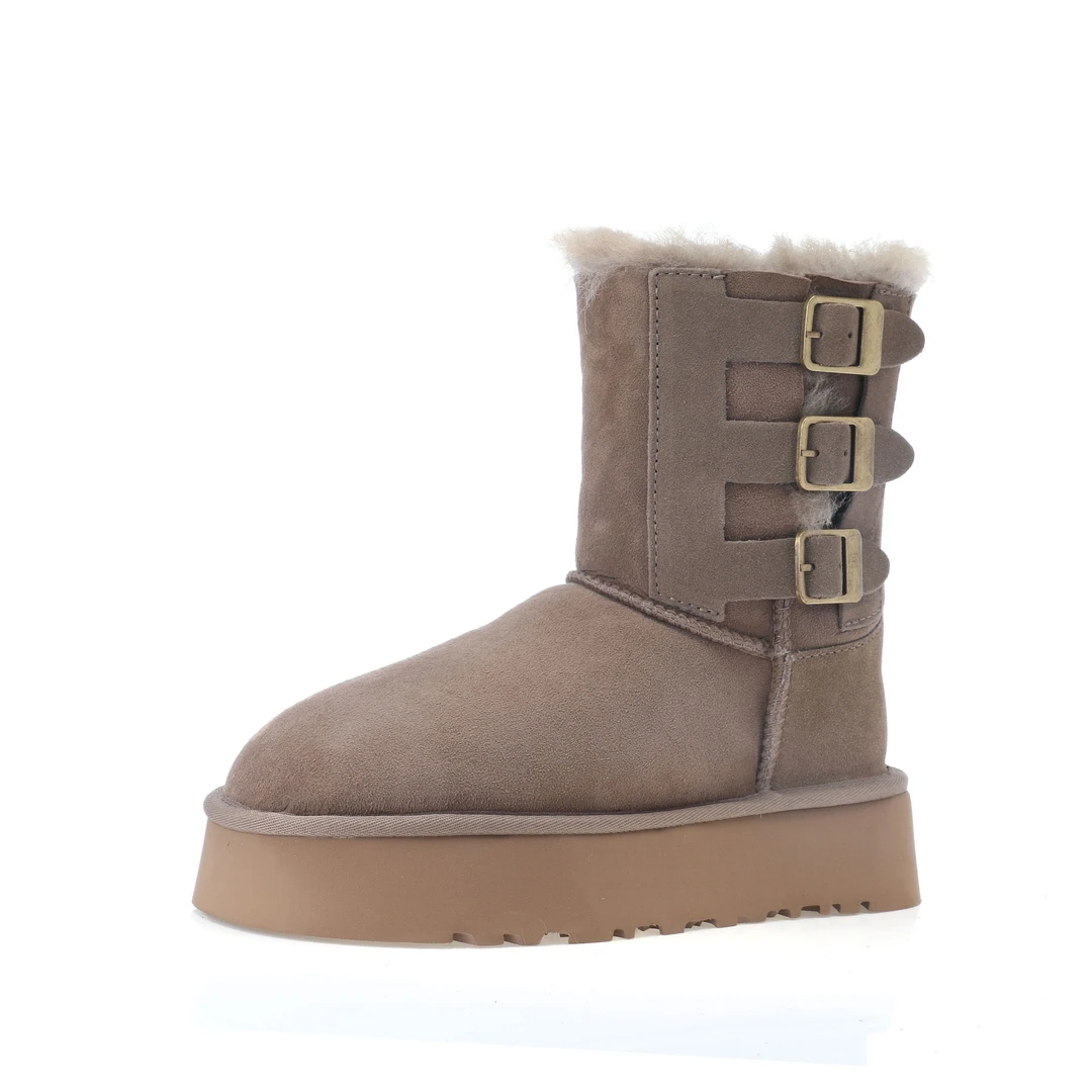 【三扣骑士厚底】女士羊皮毛一体雪地靴增高松糕底休闲保暖羊毛鞋靴