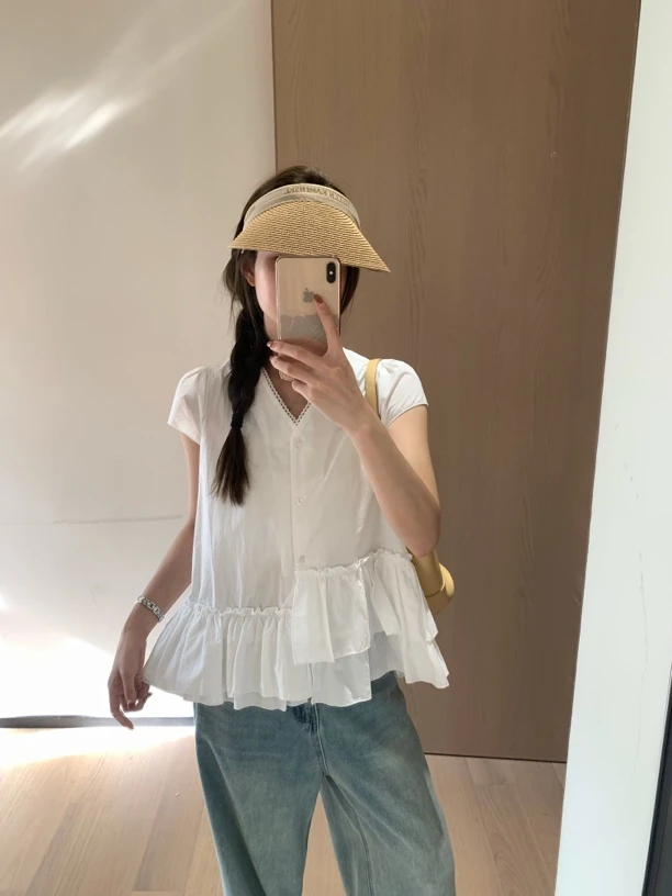 韩11夏季新款韩版女装简约V领荷叶边时尚百搭短袖衬衫