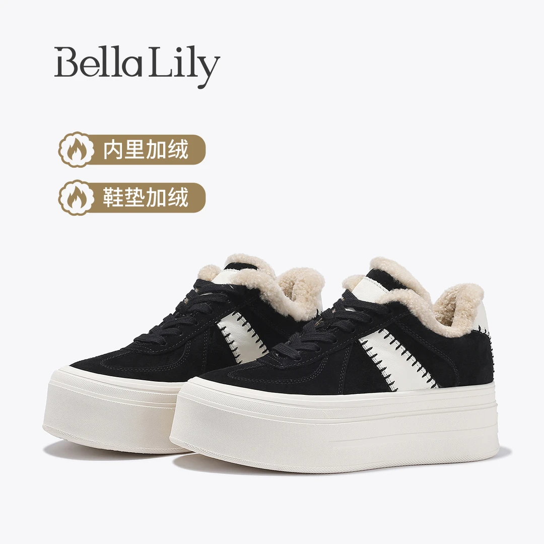 BellaLily2025冬季新款厚底牛皮加绒板鞋女款复古休闲德训鞋棉鞋