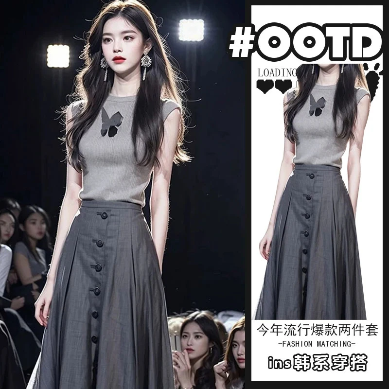 港风显瘦套装穿搭女2025夏季法式气质修身上衣配高腰遮胯半身裙潮