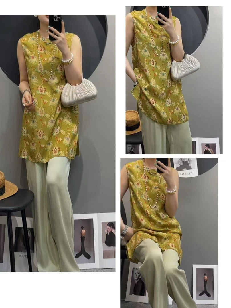 2025年夏季新款立领盘扣印花无袖三色坎肩1313