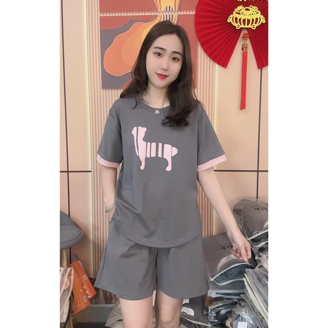 夏季女款纯棉睡衣短袖韩版时尚休闲家居服套装（懒人灰）