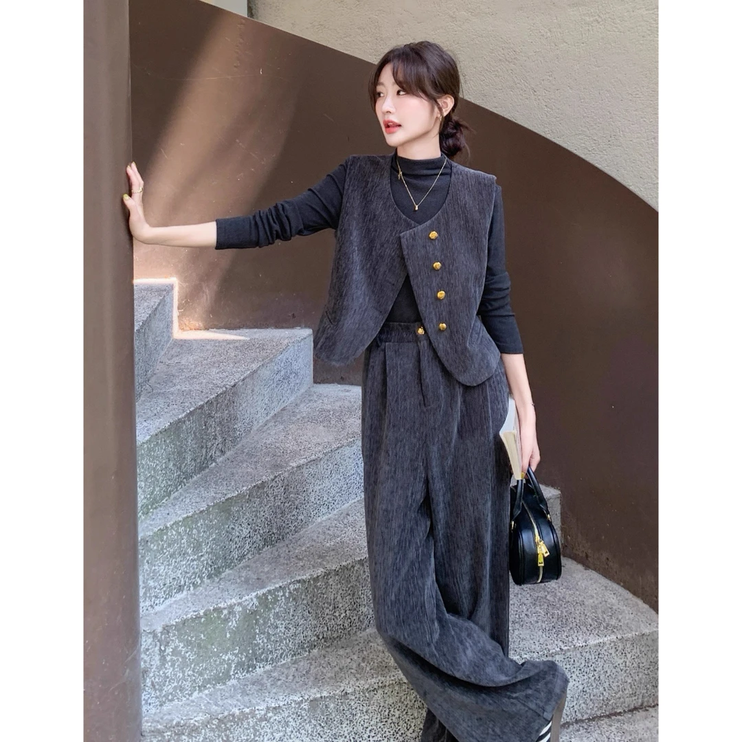 灰色法式时尚马甲套装女2025秋季新款宽松休闲阔腿裤三件套801#