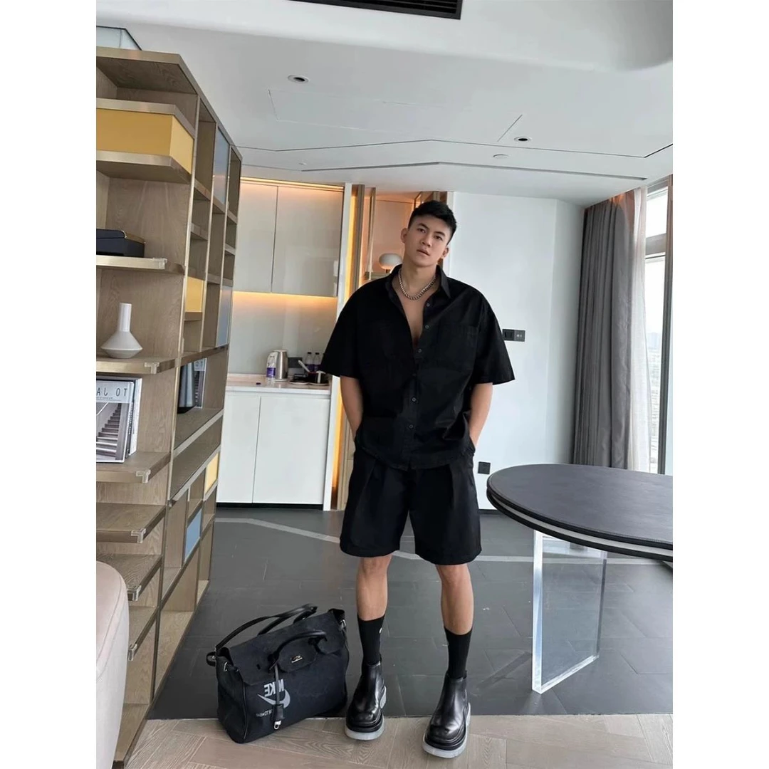 加大码300斤夏季百搭宽松短袖衬衫短裤男士简约时尚休闲两件套潮