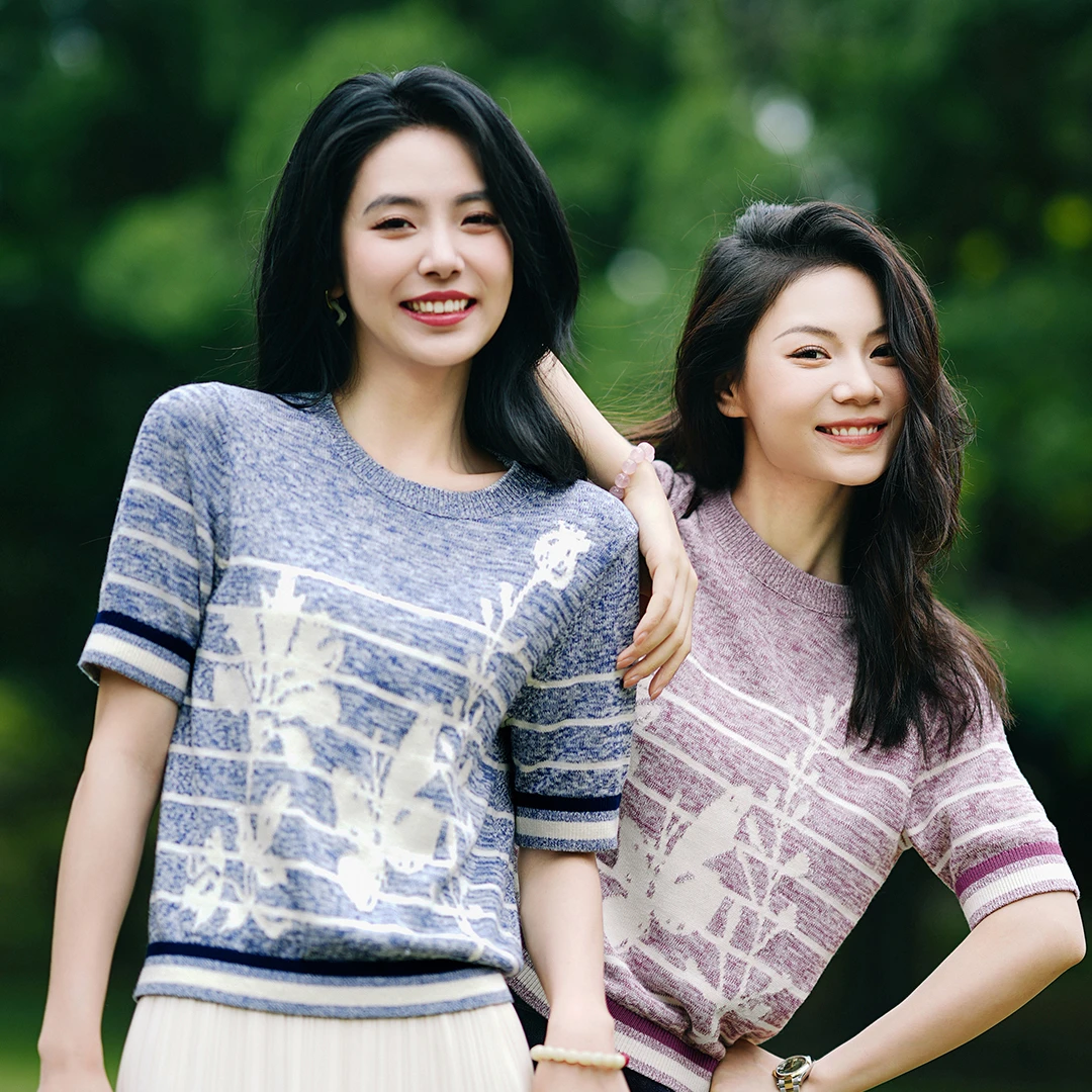 谭飞【彩蝶小衫】春夏新款圆领复古提花条纹醋酸棉针织衫女士