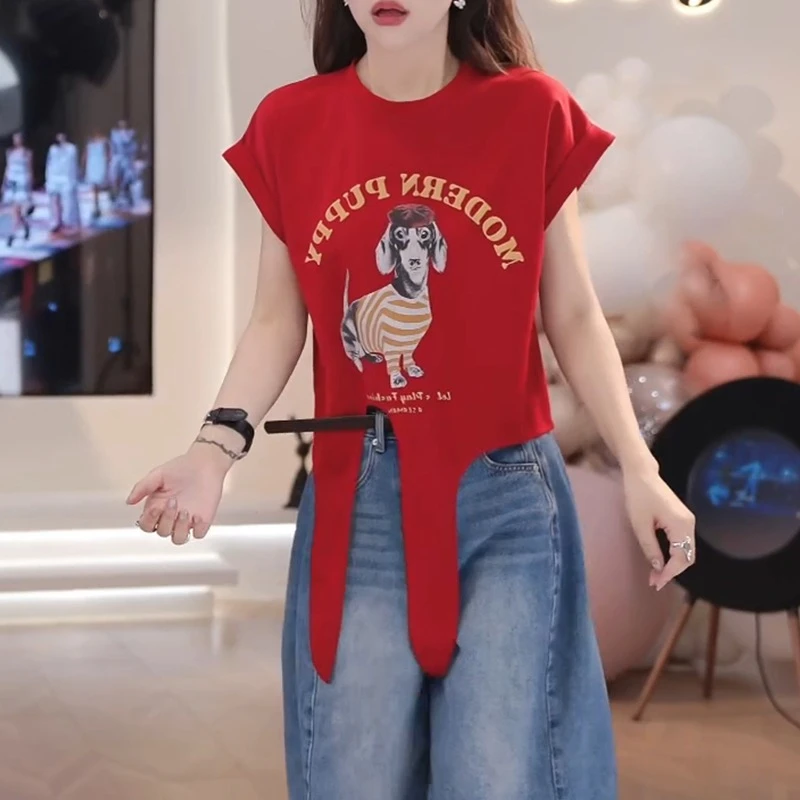 【摩登小狗】25夏季时尚圆领美式复古狗狗绑带短袖上衣LK2503012