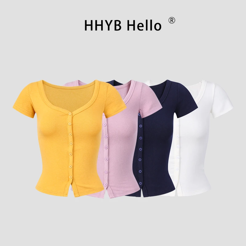 HHYB Hello韩系单排扣短袖开衫T恤女夏2025新款独特上衣250555