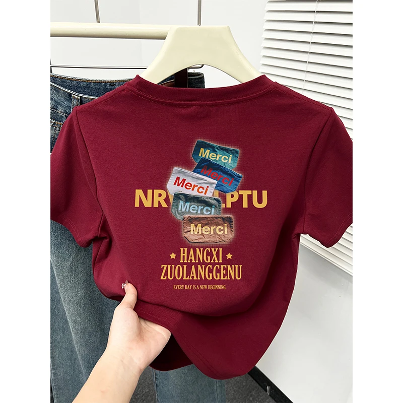 韩版洋气时尚休闲减龄正肩短袖t恤女装早春新款前后印花打底上衣