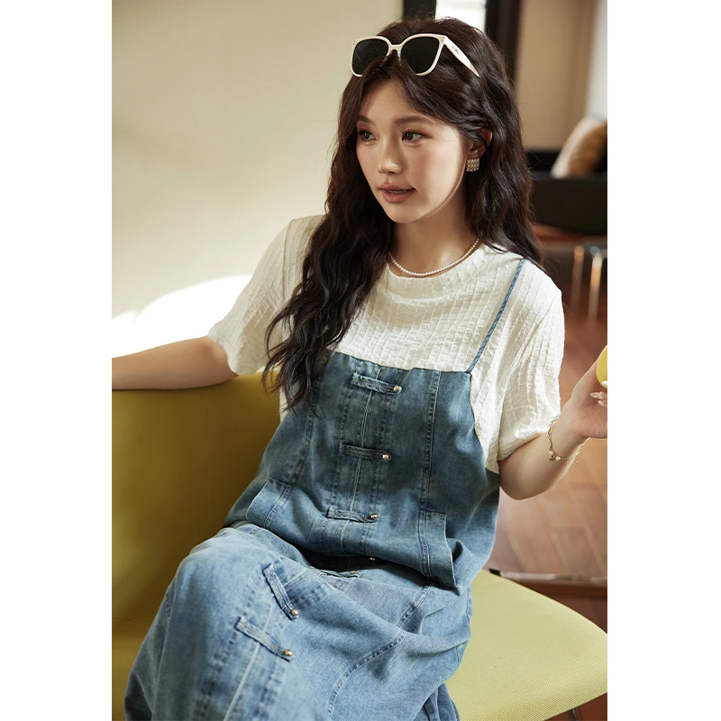 【牛仔计划】五季家大码女装气质显瘦遮肉假两件牛仔连衣裙ZL105910