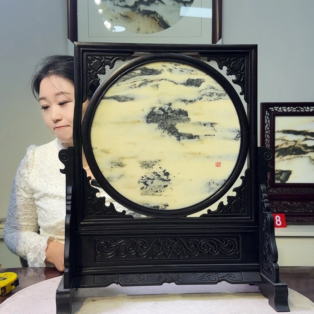 孤***者石材天然大理石画屏风摆件42×49